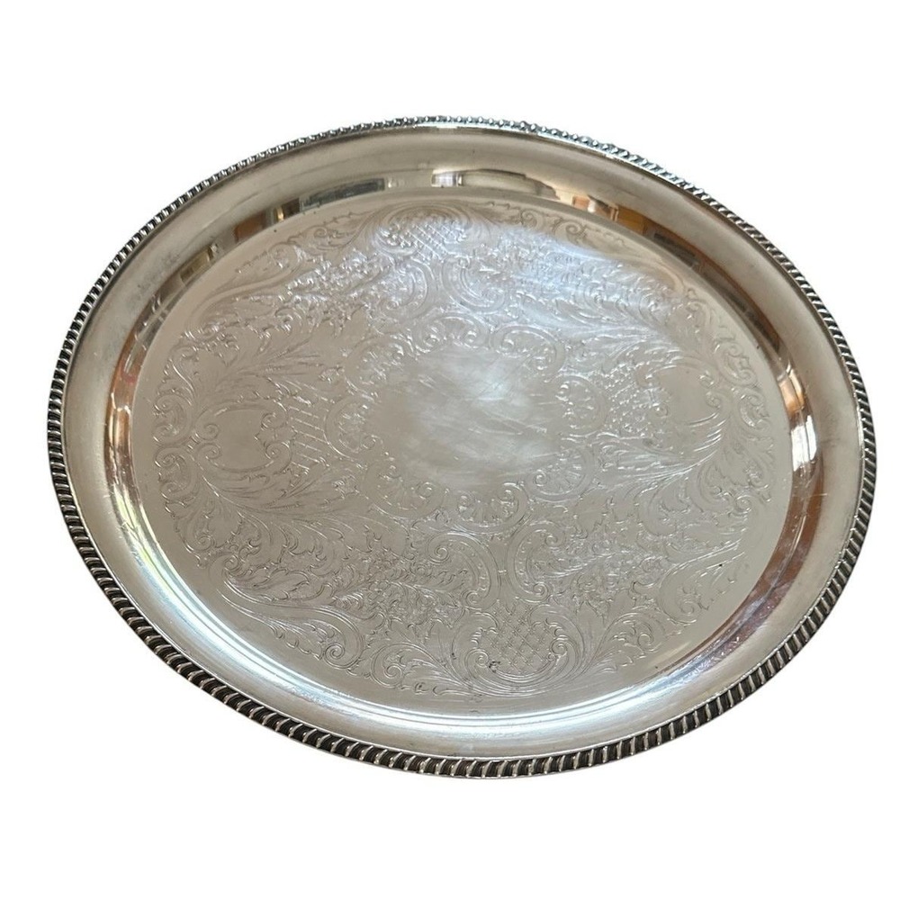 Crescent Silverplate Etched Floral Platter –‎ 14" Round – Marked 3198R